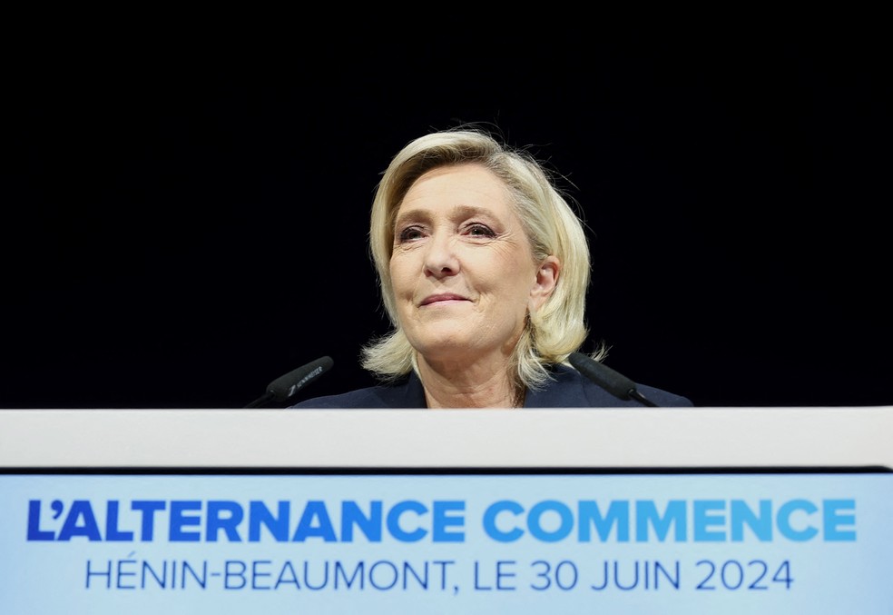 Reagrupamento Nacional (RN), de Marine Le Pen, venceu primeiro turno na França — Foto: François Lo Presti/AFP