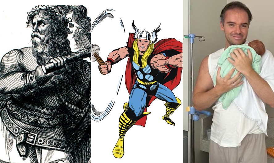 Thor mitológico, dos quadrinhos da Marvel e Thor Batista com seu filho, Thor II