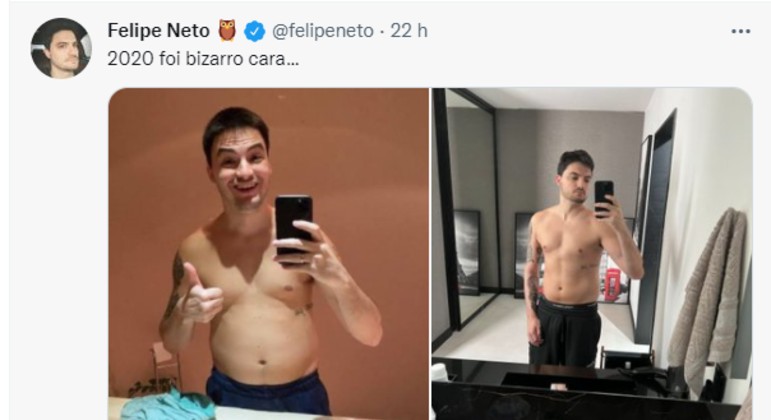 Felipe Neto mostrou nas redes sociais esta montagem de antes e depois do corpo mais malhado— Foto: Reprodução