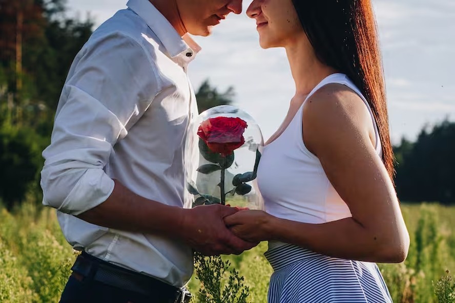 Casal segurando rosa