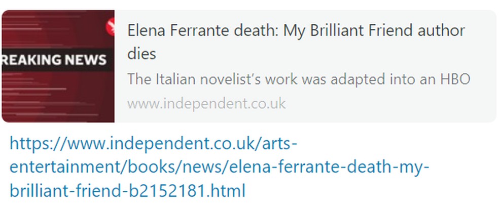 Notícia da morte de Elena Ferrante no site do jornal britânico The Independent — Foto: Reprodução