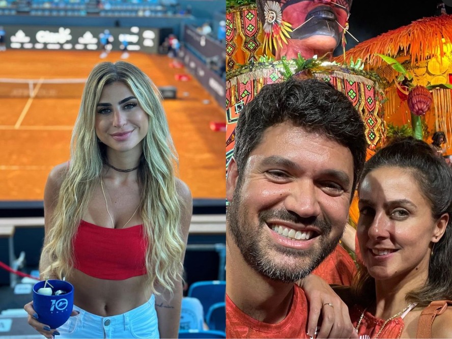 Renata Heilborn (à esquerda) no Rio Open e Marcelo Courrege com Carol Barcellos no carnaval