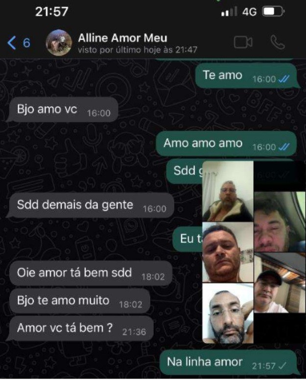 Em print de WhatsApp apontado como "de extrema importância" pela Justiça Federal, Janeferson, o Nefo, conversa com a namorada Aline Paixão enquanto participa de chamada em vídeo com outros integrantes de facção criminosa  — Foto: Reprodução