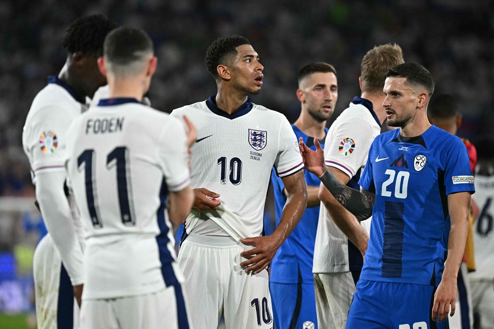 Seleção da Inglaterra fez apenas cinco pontos na fase de grupos da Eurocopa 2024 — Foto: Kirill KUDRYAVTSEV / AFP