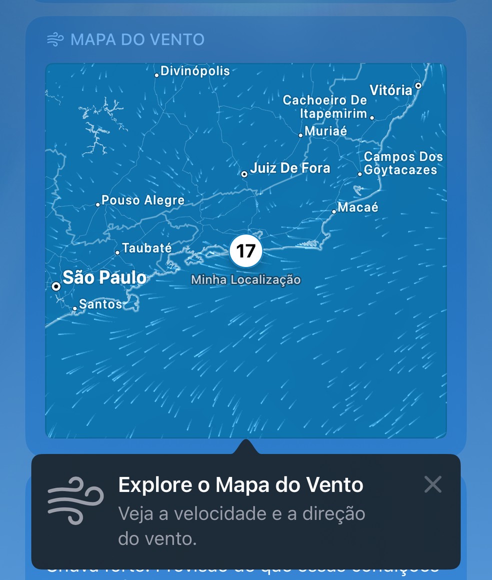 iPhone conta com recurso de acompanhar o mapa dos ventos no aplicativo de meteorologia — Foto: Reprodução