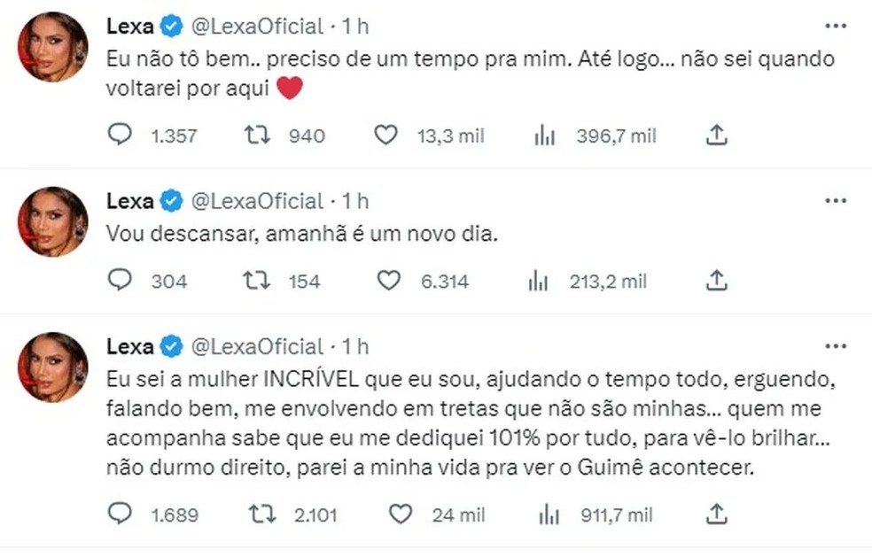 Desabafo de Lexa nas redes sociais — Foto: Reprodução/Twitter