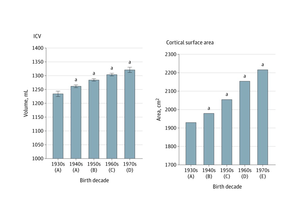 Cérebros estão ficando maiores, revela estudo. À esquerda, aumento do volume intracriano. À direita, da área de superfície cerebral. — Foto: Reprodução / JAMA Neurology