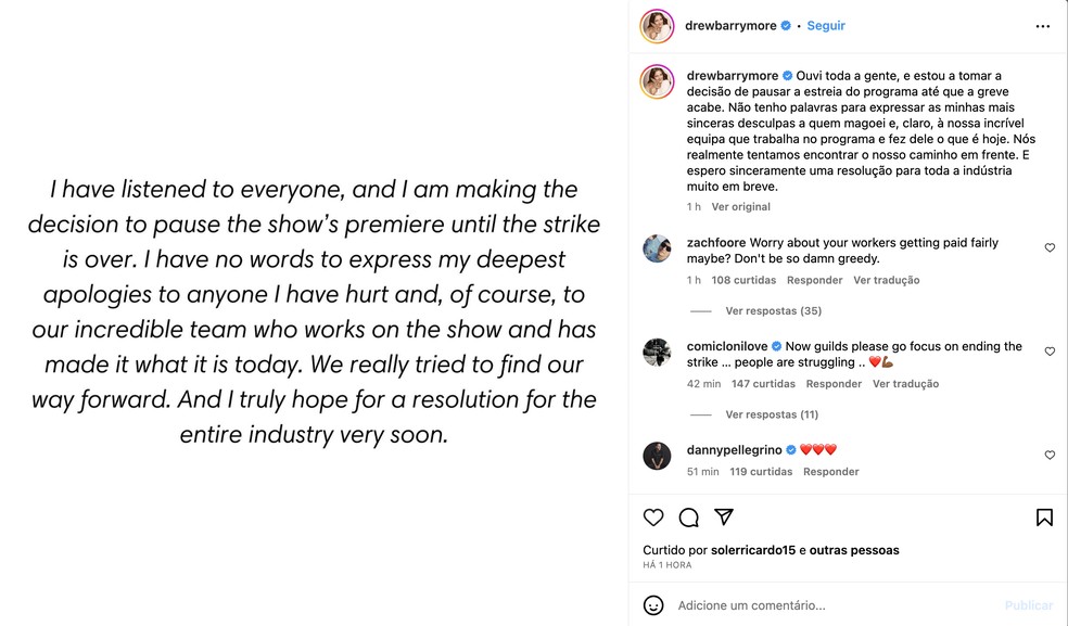 Drew Barrymore em publicação no Instagram neste domingo (17) — Foto: Reprodução/Redes sociais