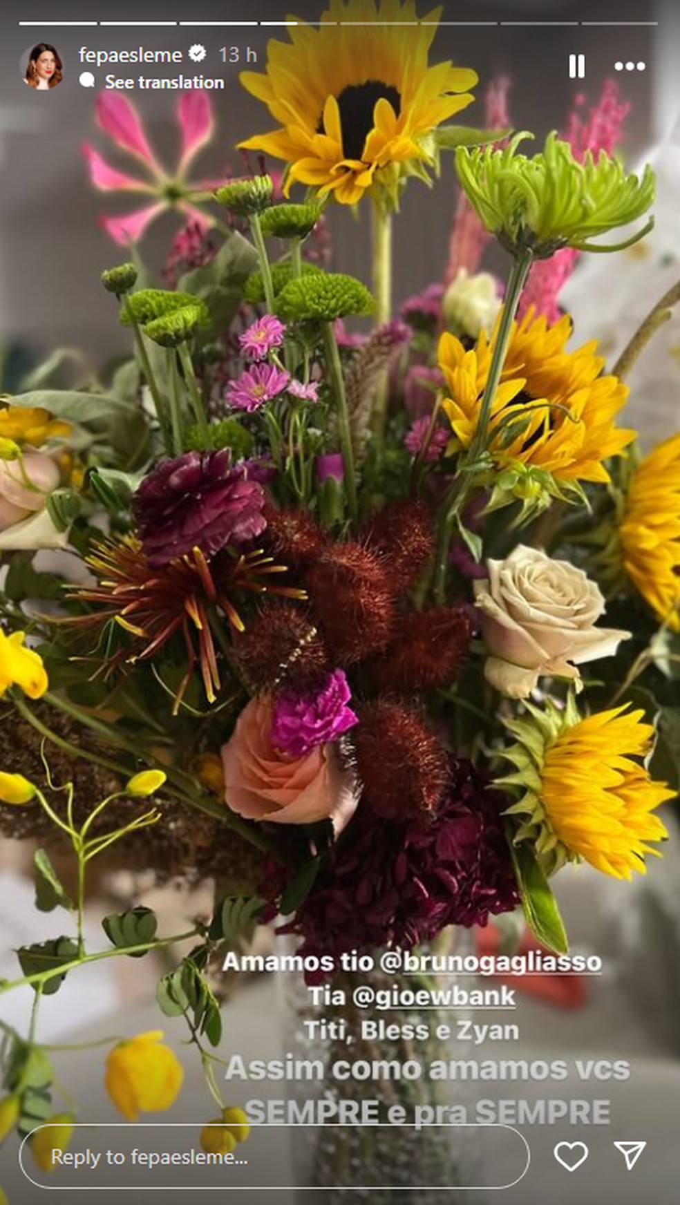Fernanda Paes Leme mostra flores enviadas por Bruno Gagliasso e Giovanna Ewbank — Foto: @fepaesleme no Instagram