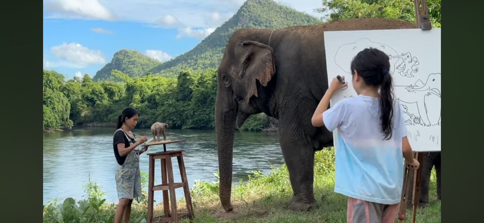 Khwan Barton e filha reproduzem elefante em esculturas e pinturas — Foto: Reprodução