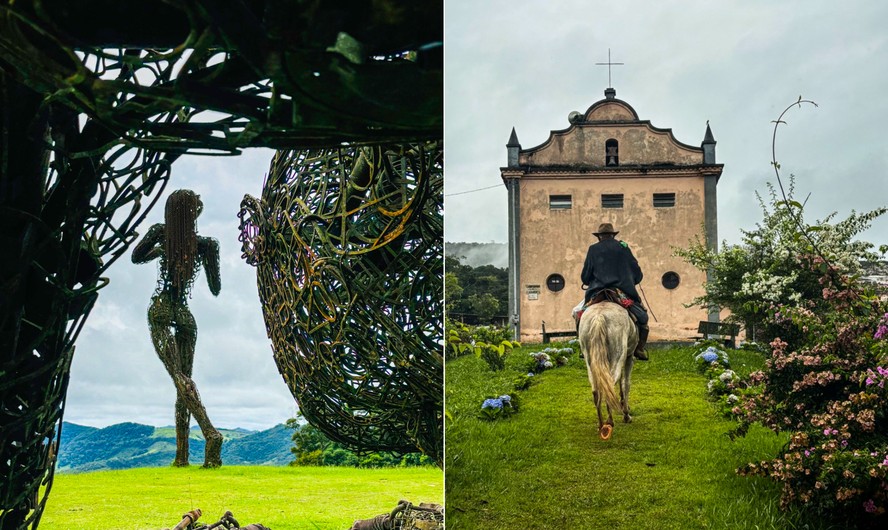 As esculturas criadas por Karen Cusolito e morador cavalgando diante da igrejinha da Vila do Mogol, em Lima Duarte