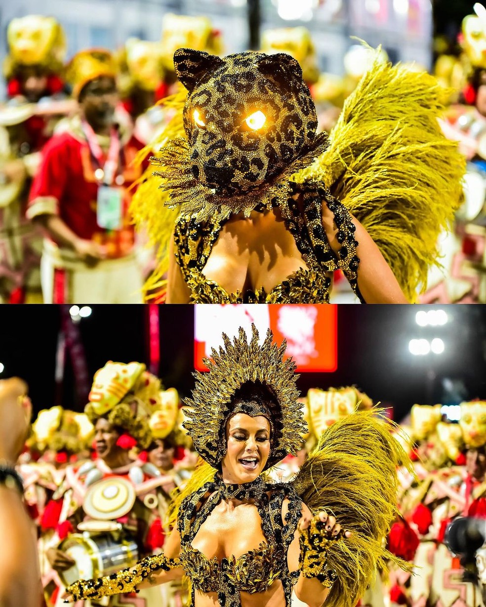 Com o samba-enredo "Nosso destino é ser onça" a Grande Rio transfou sua rainha, Paolla Oliveira, em onça no meio da avenida — Foto: Rio Carnaval