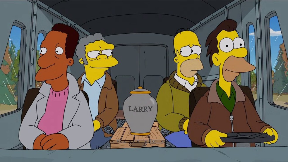 Homer, Lenny, Carl e Moe, amigos de Larry, ficam encarregados por espalhar as cinzas dele — Foto: Reprodução