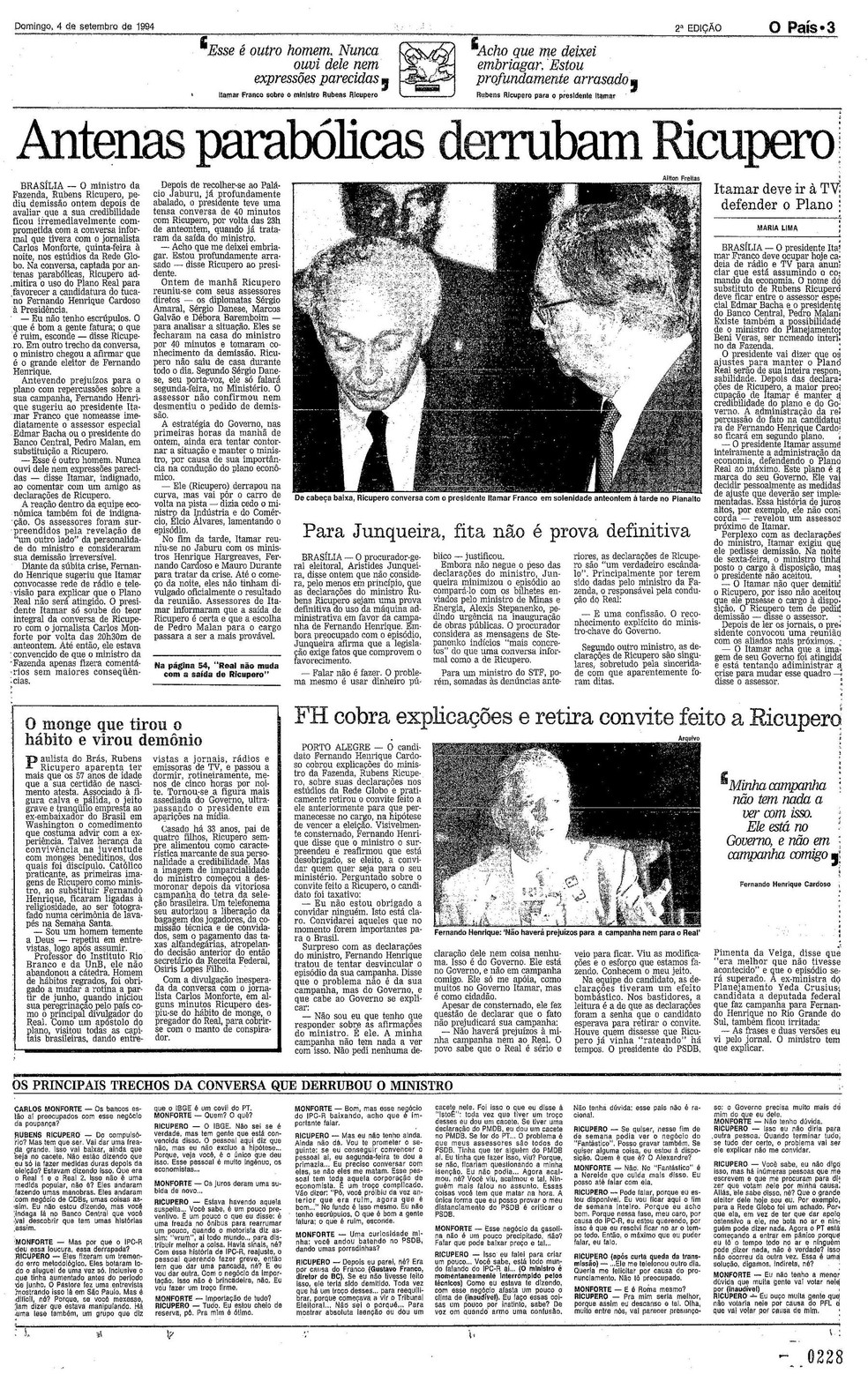Página do Globo de 4 de setembro de 1994, informando sobre a queda do ministro Rubens Ricupero — Foto: Acervo