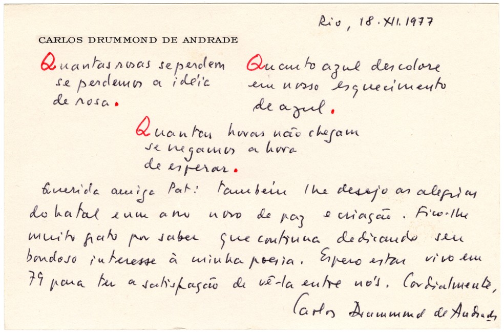 Carta de Carlos Drummond de Andrade à pesquisadora americana Patricia O'Brien em dezembro de 1977 — Foto: Biblioteca Latino-Americana da Universidade de Tulane (EUA)