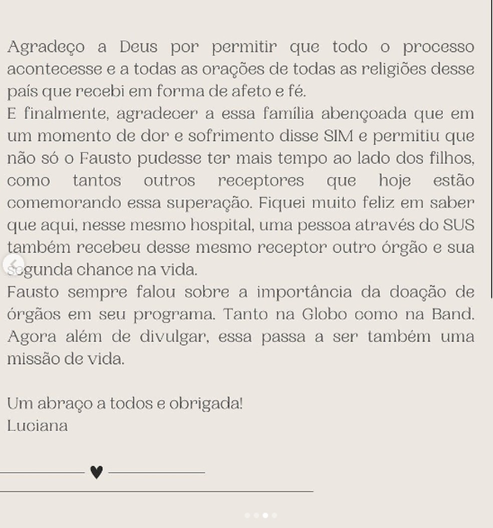 Carta de agradecimento de Luciana Cardoso, mulher de Faustão — Foto: Instagram