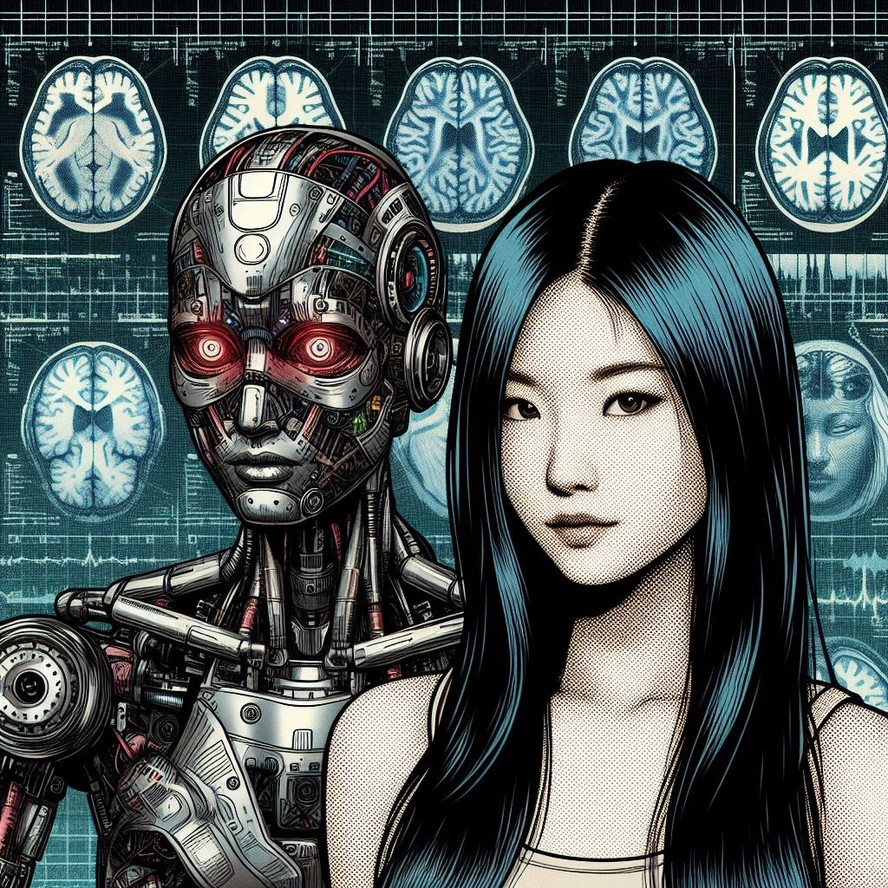 Imagem gerada por inteligência artificial mostra mulher e robô na frente de imagens de mapeamento cerebral
