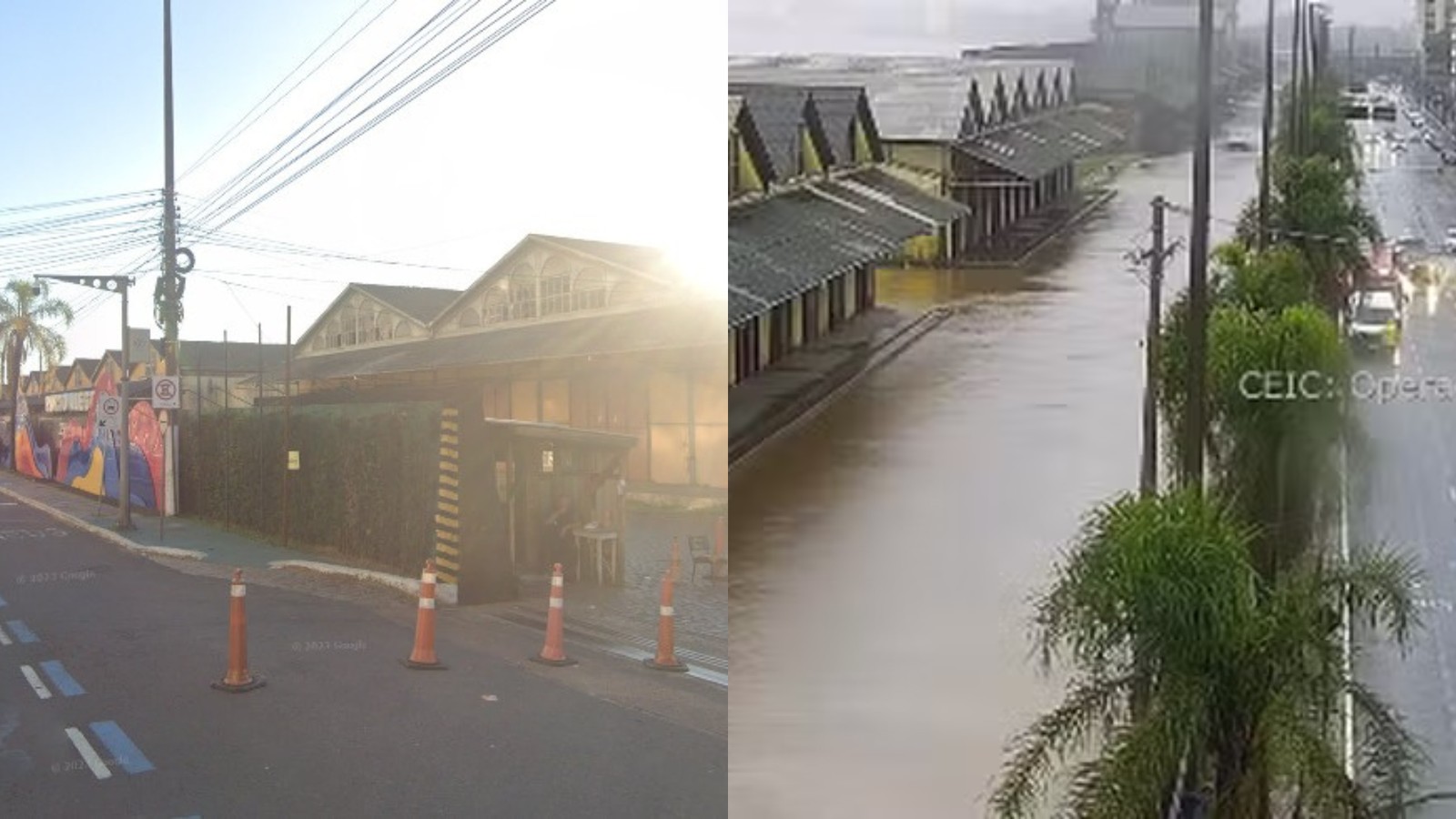 Em Porto Alegre, rio Guaíba transborda e águas invadem o Cais Mauá; veja antes e depois — Foto: Reprodução