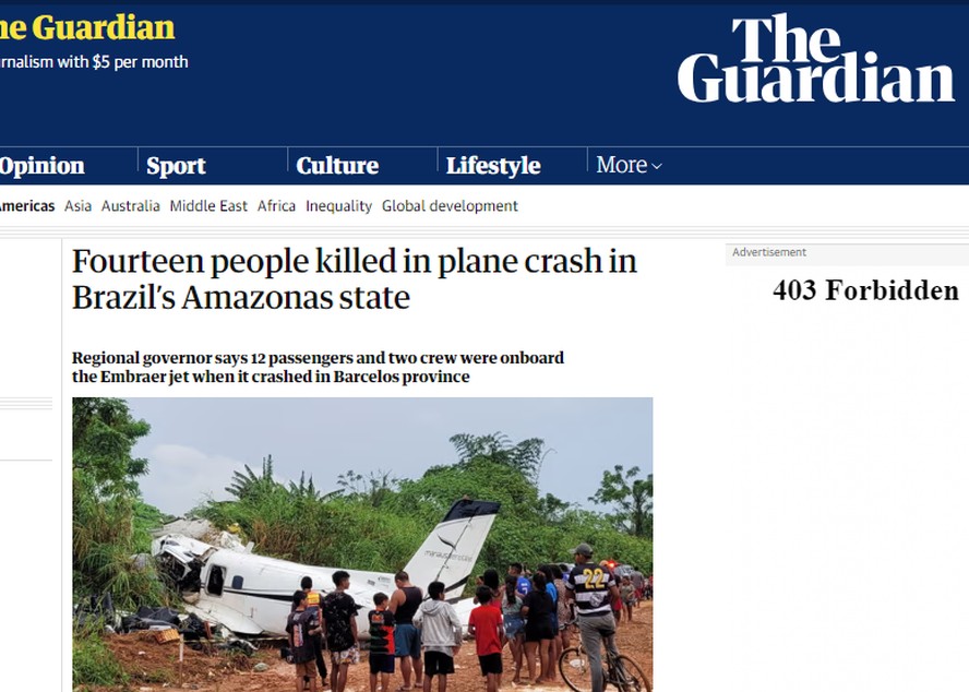 Imprensa internacional repercute acidente aéreo com 14 mortos no interior do Amazonas