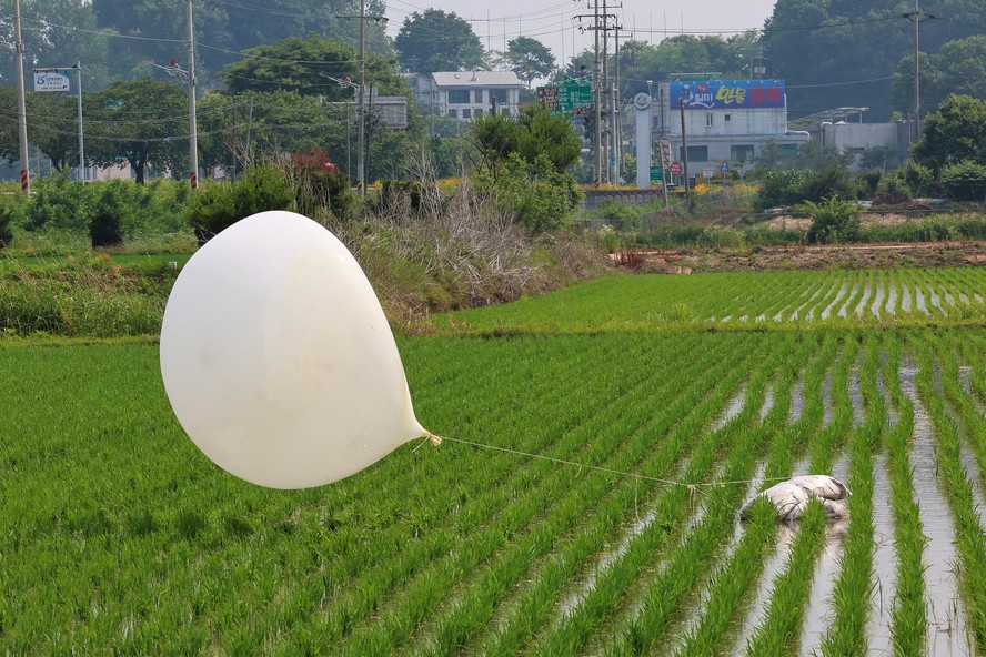 Balão lançado pela Coreia do Norte aterrissa em plantão de arroz de Incheon, território do Sul