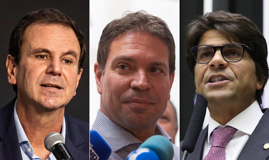 Da esquerda para a direita: o prefeito do Rio, Eduardo Paes (PSD); o candidato à prefeitura carioca Alexandre Ramagem (PL) e o deputado federal Pedro Paulo (PSD-RJ), cotado para a vice de Paes