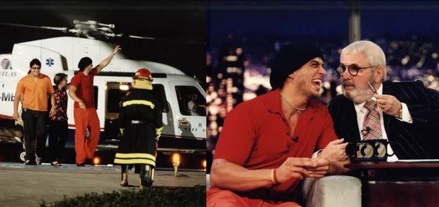 Kleber Bambam, primeiro vencedor do "BBB", saiu da casa de helicóptero e voou direto para São Paulo para ser entrevistado por Jô ao vivo em 2002 — Foto: Acervo/TV Globo