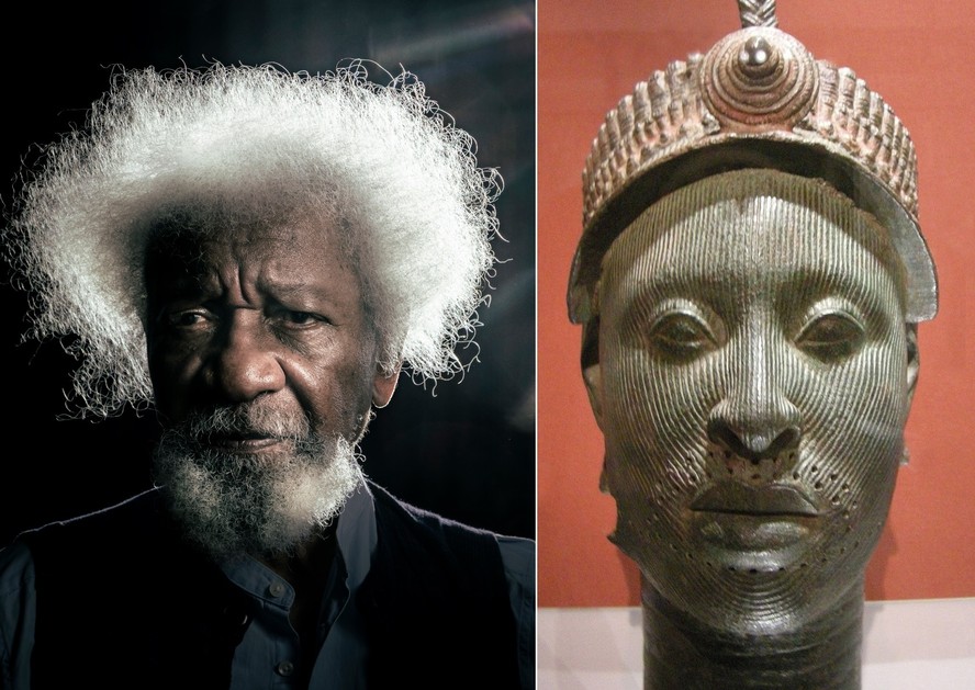 O autor Wole Soyinka (à esq) e a Cabeça de Bronze de Ifé: artefato tem valor monetário da Mona Lisa