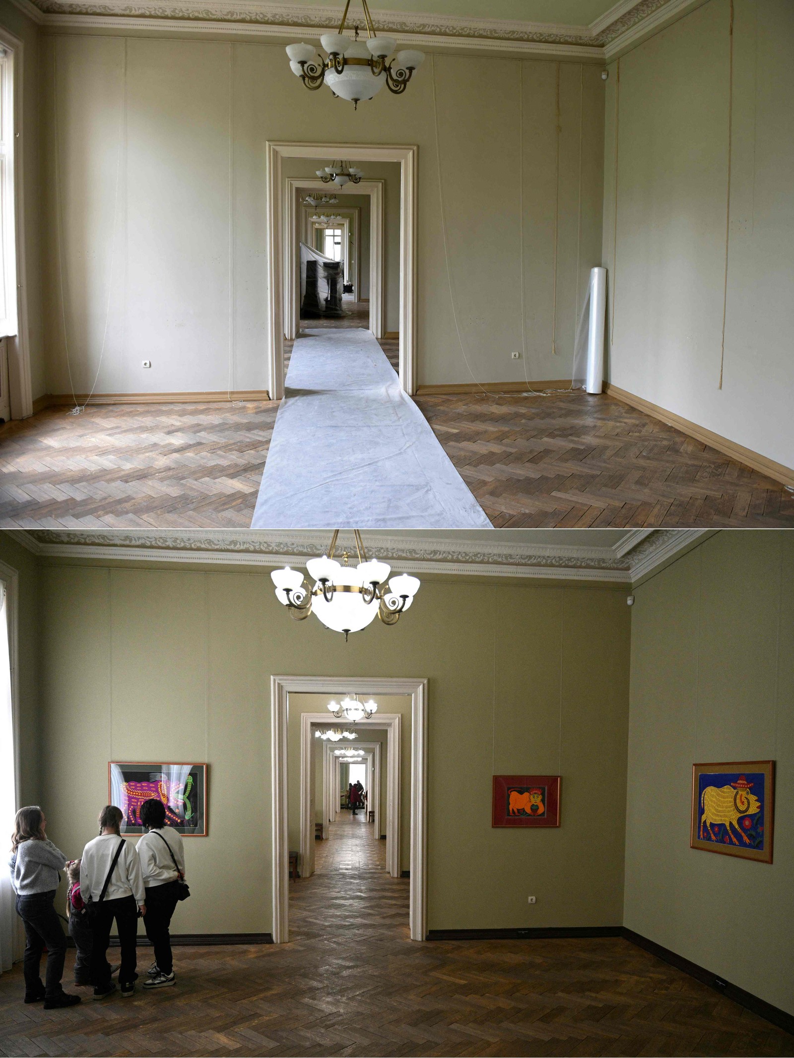 13/05/2022: Acima, paredes vazias onde pinturas foram anteriormente penduradas em uma das galerias do Palácio Potocki, sede da Galeria Nacional de Arte de Lviv. 10/02/2024: Abaixo, visitantes na mesma sala — Foto: YURIY DYACHYSHYN