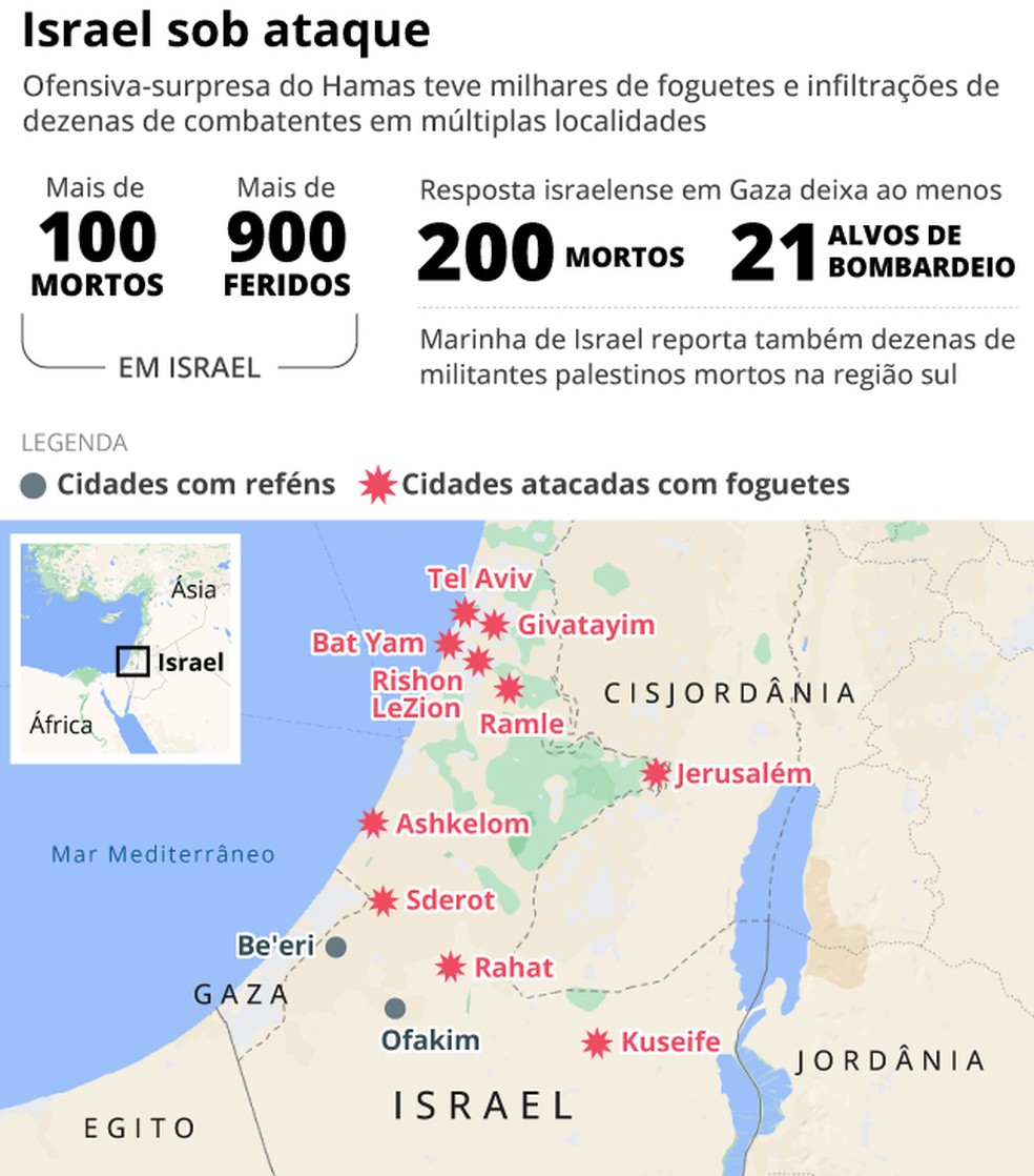 Mapa mostra ataques do Hamas contra Israel — Foto: Editoria de arte