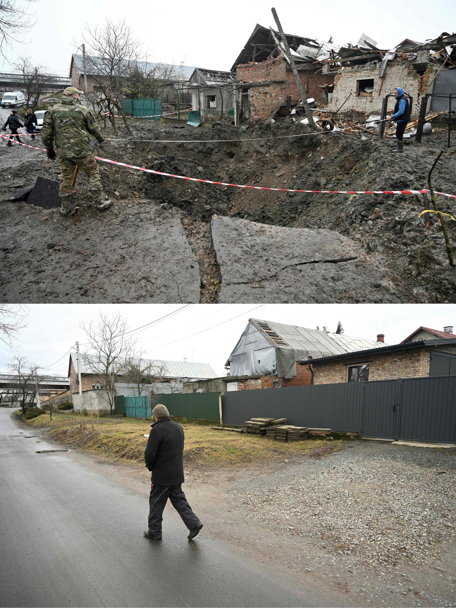 06/09/2022: Acima, profissionais examinam cratera após bombardeio próximo a cidade de Lviv. 10/02/2024: Abaixo, cidadão ucraniano na mesma rua — Foto: YURIY DYACHYSHYN