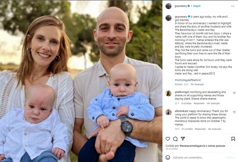 Empresário de Madonna dá notícias sobre bebês sobreviventes a ataque do Hamas e presta homenagem a casal morto por grupo extremista — Foto: Reprodução/Instagram