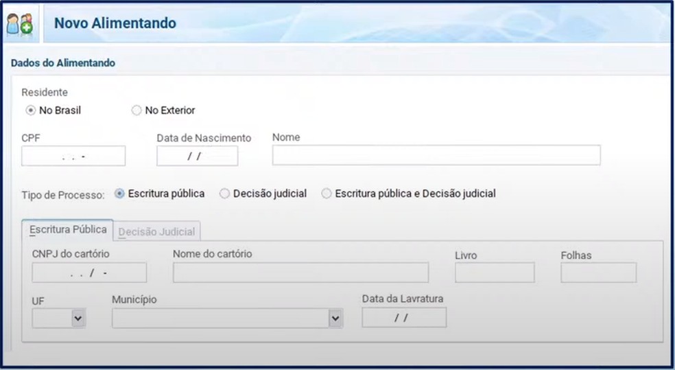 Nova ficha de declaração para Alimentandos — Foto: Reprodução