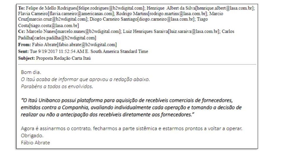 E-mail de Fabio Abrate, então diretor financeiro da Americanas, no qual parabeniza 'todos os envolvidos' — Foto: Reprodução