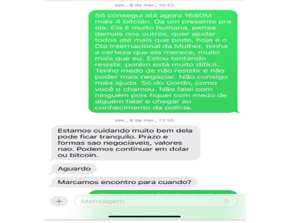 Troca de mensagens entre sequestrador e marido de Anic — Foto: Reprodução