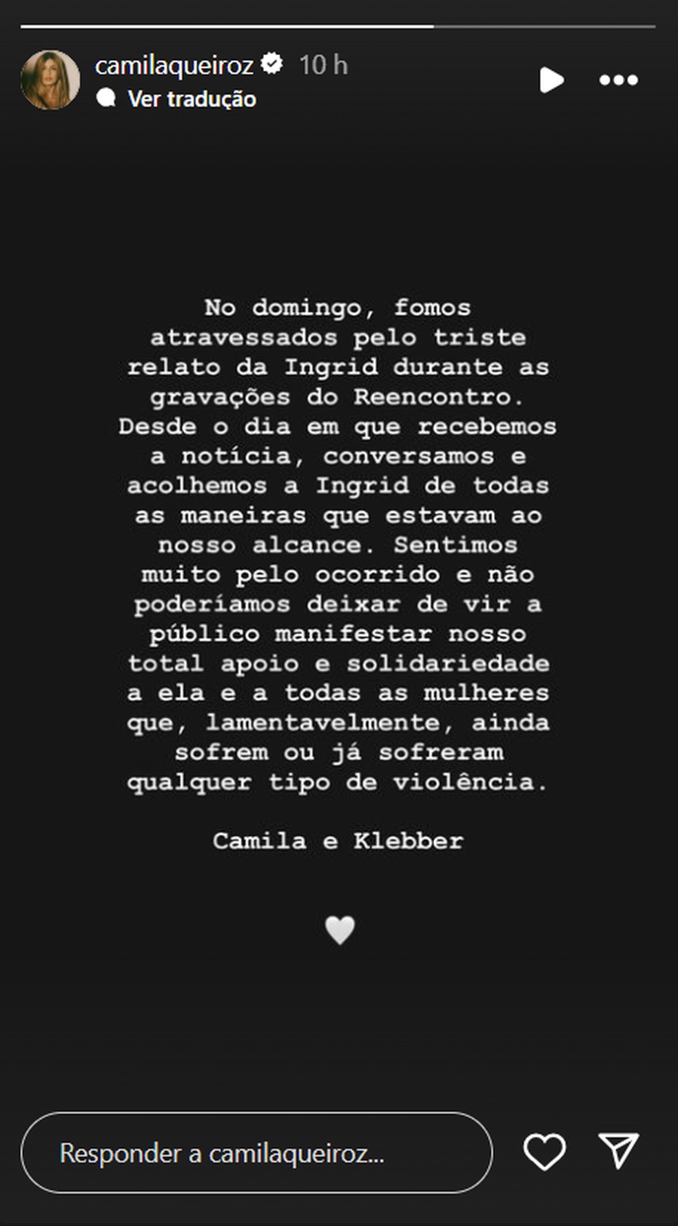 Camila Queiroz se manifesta sobre caso de estupro sofrido por participante do 'Casamento às cegas' — Foto: Reprodução/Instagram