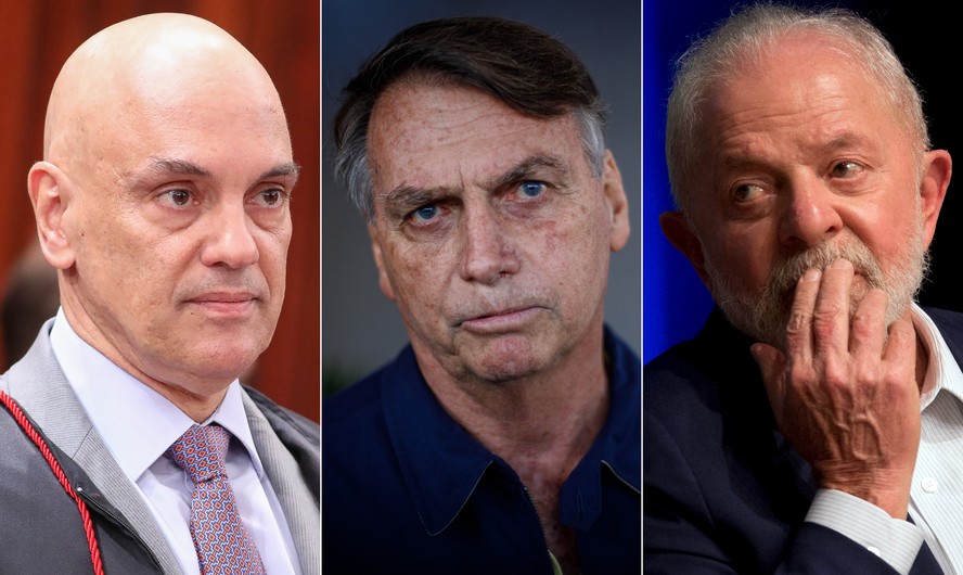 Da esquerda para a direita, o ministro do STF Alexandre de Moraes, o ex-presidente Jair Bolsonaro e o presidente Luiz Inácio Lula da Silva