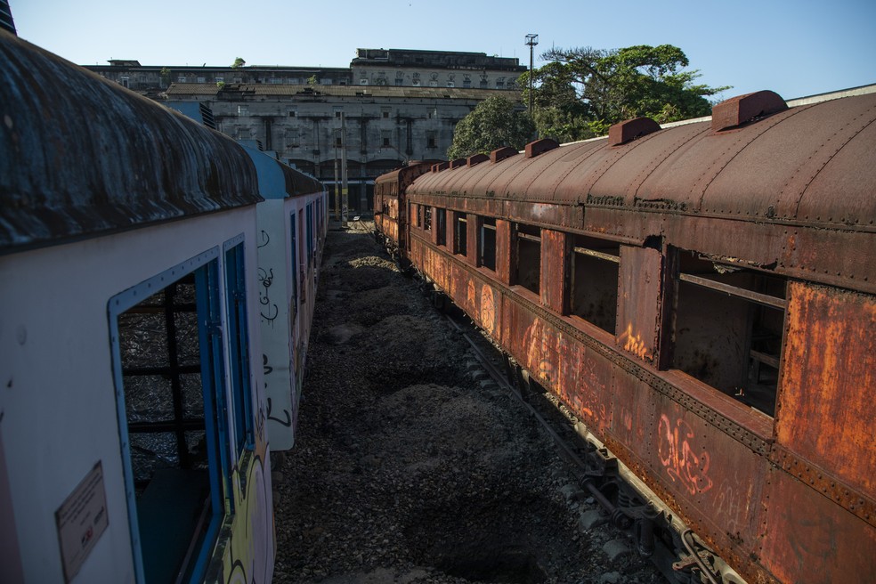 Trens se deteriorando, estacionados nos trilhos da estação Leopoldina - Iphan irá cobrir área provisoriamente — Foto: Guito Moreto / Agência O Globo