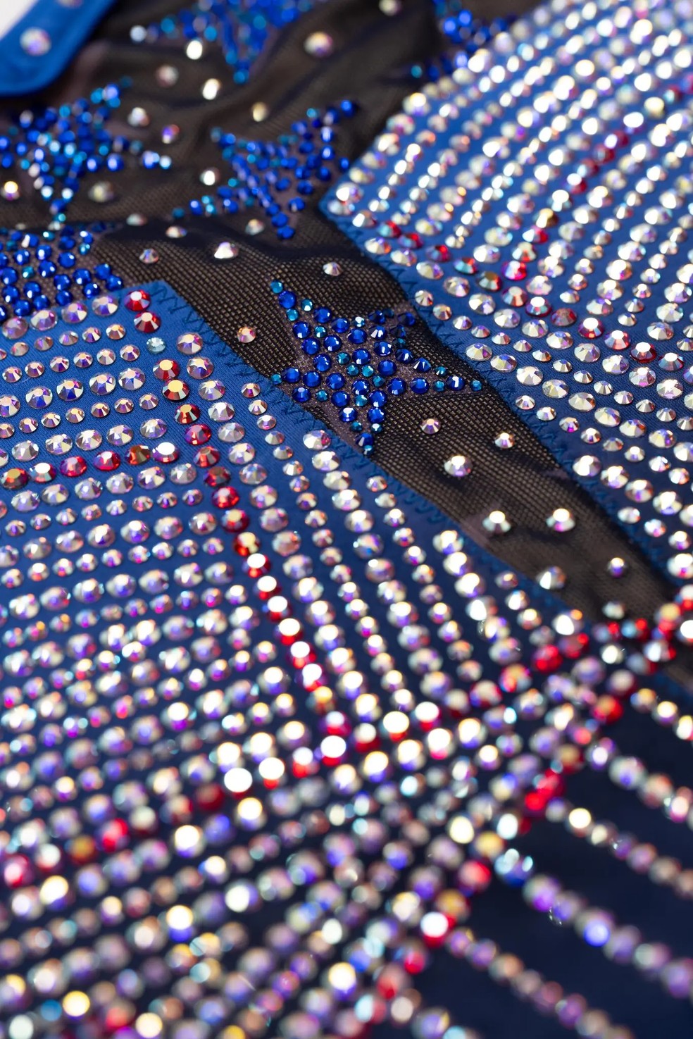 Detalhe de alguns dos mais de 10.000 cristais no collant Luminous Legacy — Foto: GK Elite Sportswear
