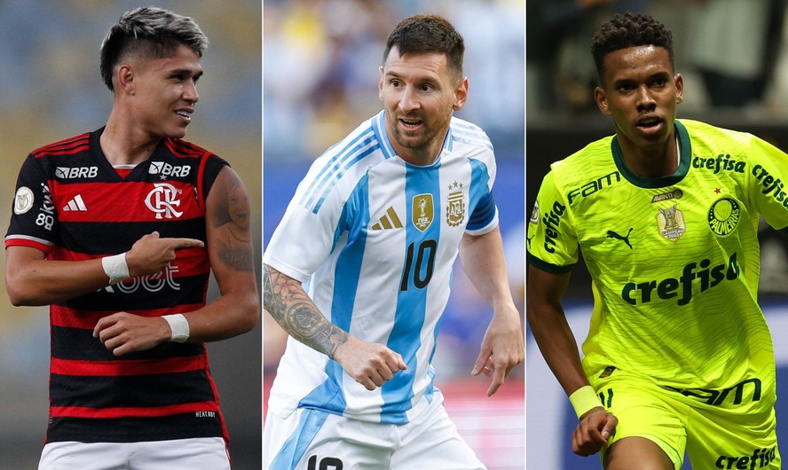 Luiz Araújo, do Flamengo; Messi, da Argentina; e Estevão, do Palmeiras: jogos simultâneos