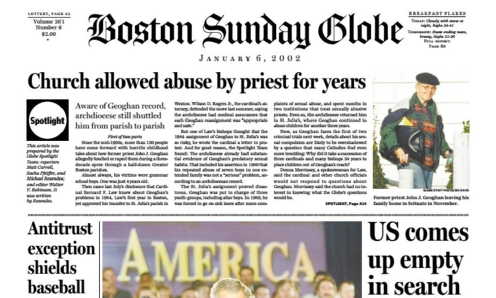 "Boston Globe" de 6 de janeiro de 2002, com reportagem sobre padres pedófilos — Foto: Reprodução