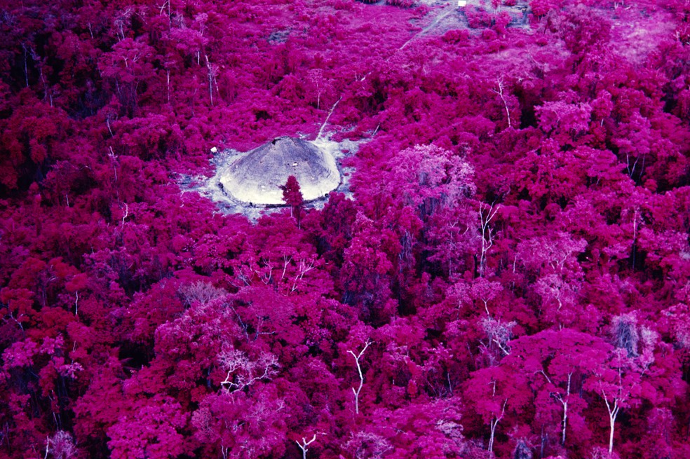 Imagem com filme infravermelho de oca próxima à missão católica do Rio Catrimani, em Roraima, em 1976 — Foto: Claudia Andujar