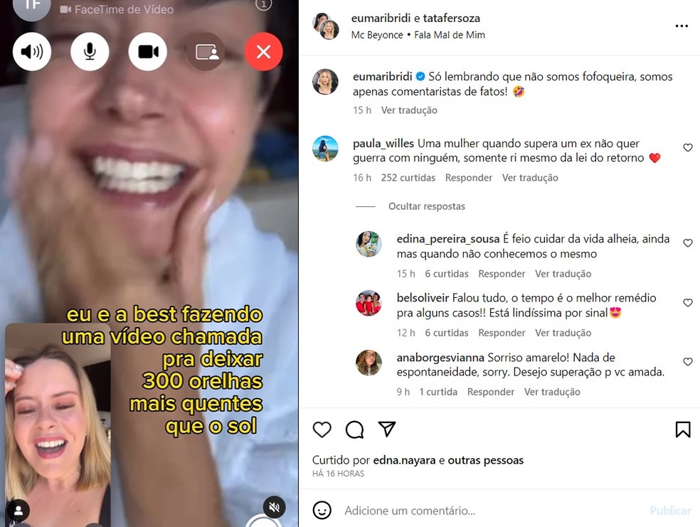 Mari Bridi faz post com indireta ao ex, Rafael Cardoso, e reproduz chamada com melhor amiga, a atriz e apresentadora Thais Fersoza: 'Só lembrando que não somos fofoqueira, somos apenas comentaristas de fatos!', escreve ela — Foto: Reprodução/Instagram