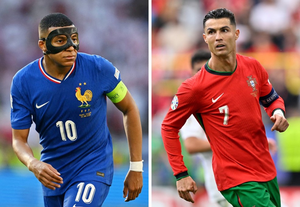 Cristiano Ronaldo e Kylian Mbappé se enfrentam pelas quartas de final da Eurocopa 2024 — Foto: OZAN KOSE, INA FASSBENDER/AFP