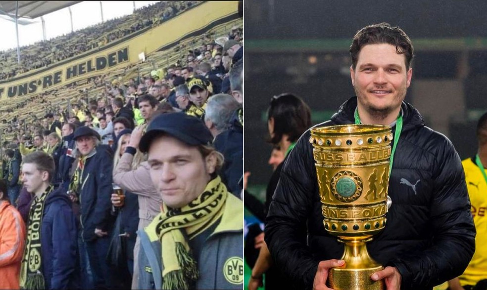 O tempo de Edin Terzic: em 2012, um torcedor do Borussia Dortmund; em 2021, treinador campeão da Copa da Alemanha — Foto: Reprodução/Instagram