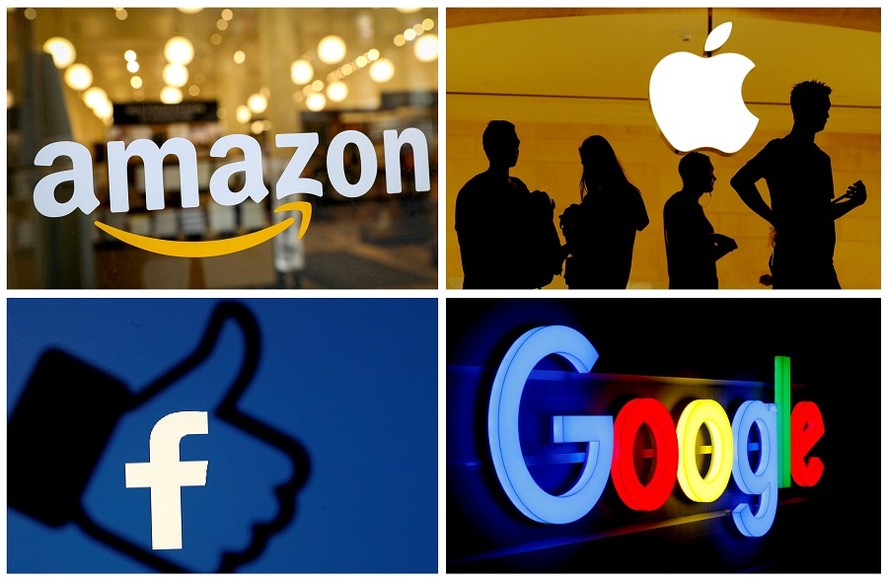 Logos de Amazon, Apple, Facebook e Google: após desabarem no mercado em 2022, big techs agora lideram os ganhos no mercado dos EUA