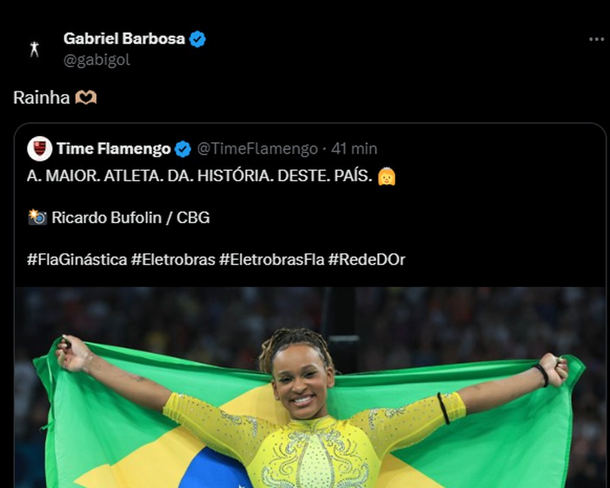 Gabigol chama Rebeca Andrade de 'rainha'