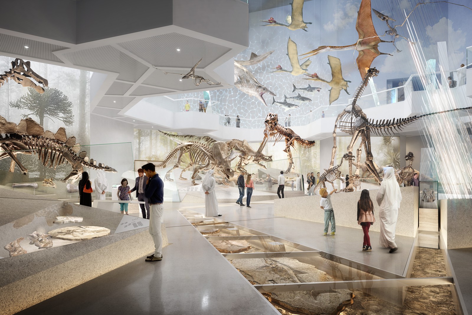 Distrito Cultural da Ilha Saadiyat, a 'ilha dos museus' de Abu Dhabi, nos Emirados Árabes Unidos. Imagem mostra como será uma das salas de exibição do futuro Museu de História Natural de Abu Dhabi. — Foto: Divulgação / Departamento de Turismo de Abu Dhabi