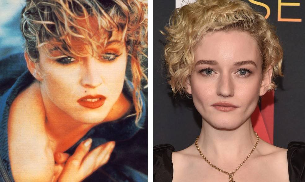 Madonna e a atriz Julia Garner, que deve interpretá-la em cinebiografia — Foto: Arte sobre fotos de divulgação e de Alberto E. Rodriguez/Getty Images/AFP