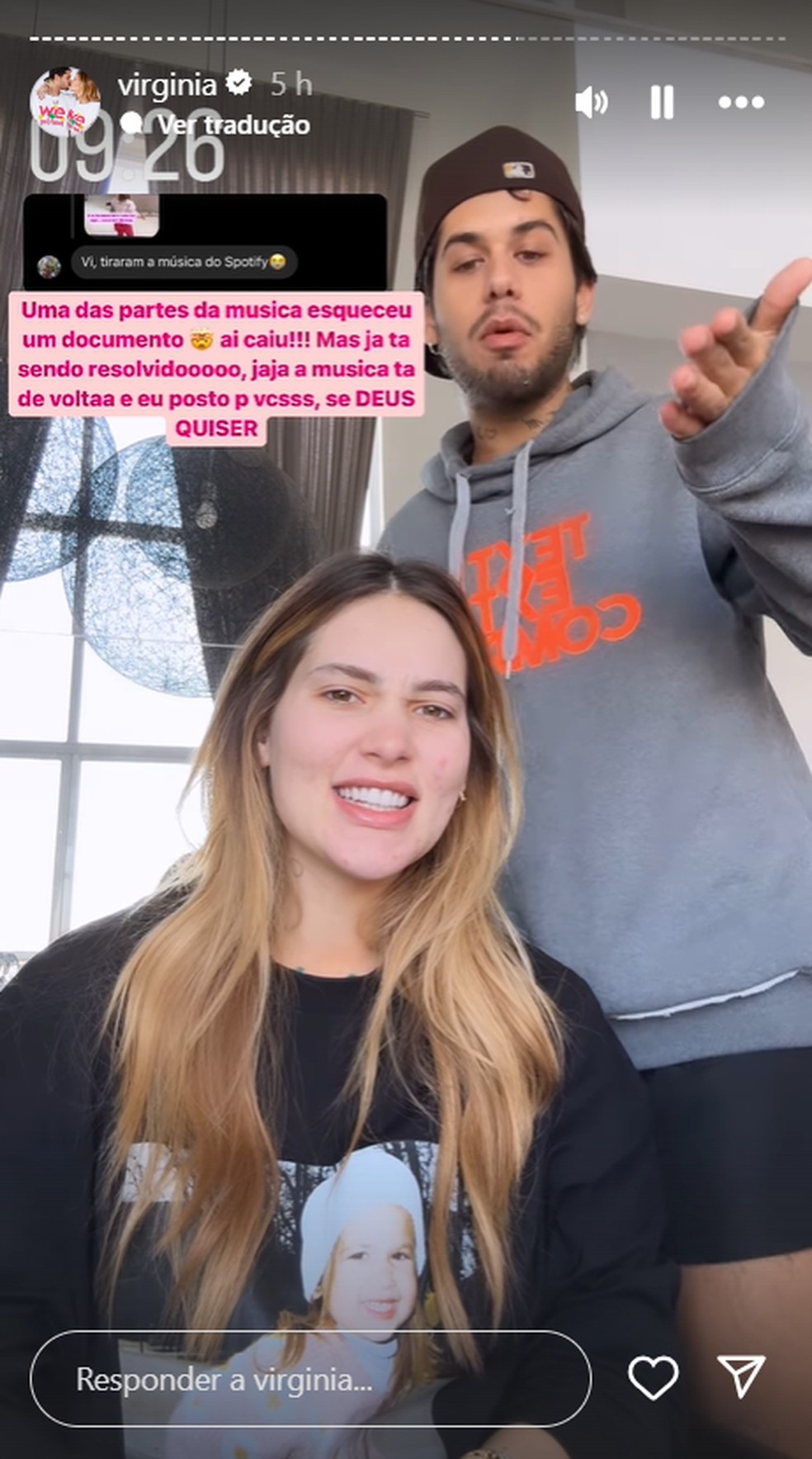 Virginia e Zé Felipe reclamam de 'inimigo' após música ser derrubada por falta de autorização — Foto: Reprodução/Instagram