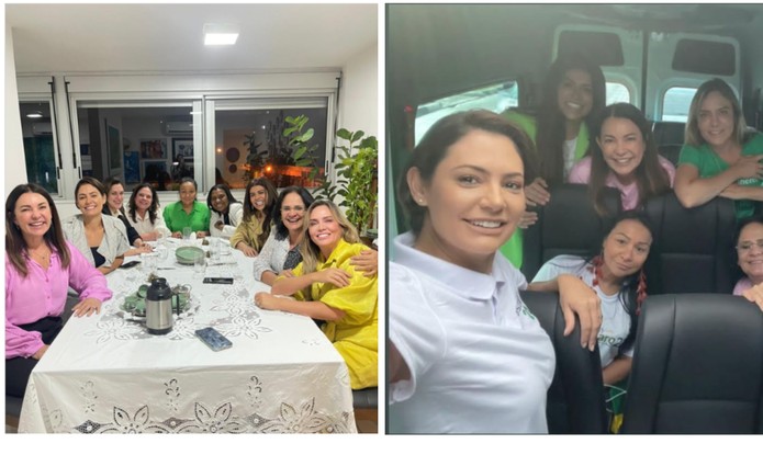 Margarete Coelho (de rosa), ao lado de Michelle Bolsonaro em encontro após o fim da eleição. Na segunda imagem, com a camisa "Mulheres com Bolsonaro", em Manaus.